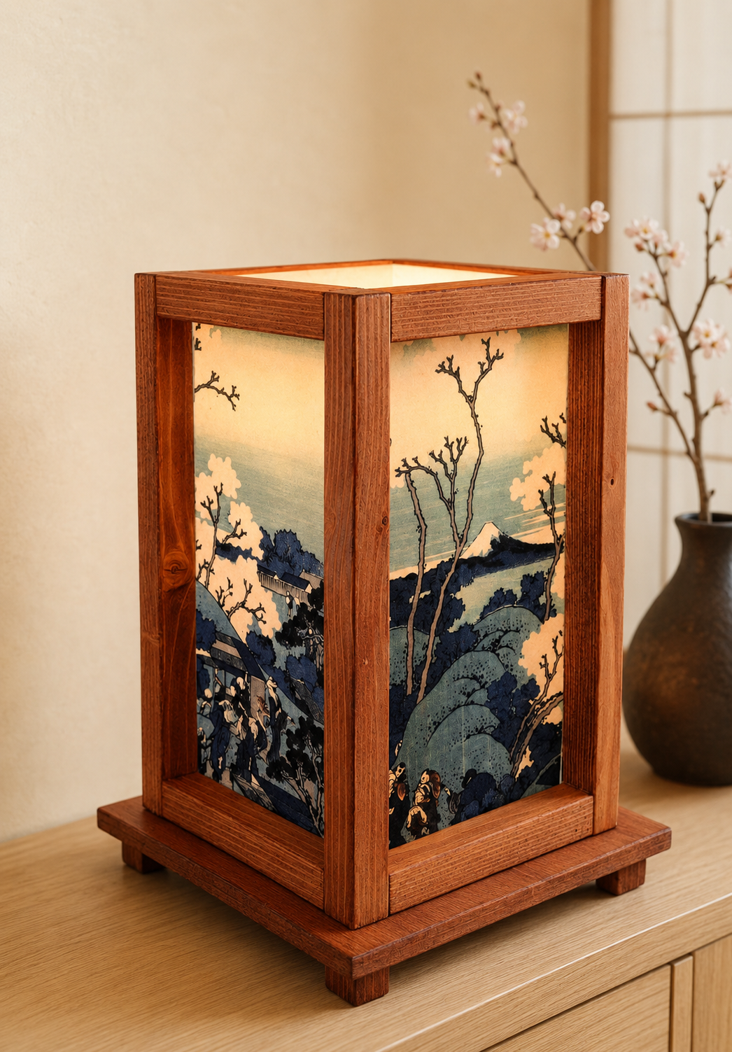 Lampade Giapponesi in legno Ciliegi di Hokusai